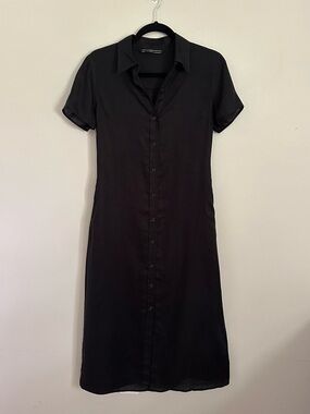 Peruvian Connection Black Linen Shirt Dress 2 Minimalist Button Front Midi Dress
